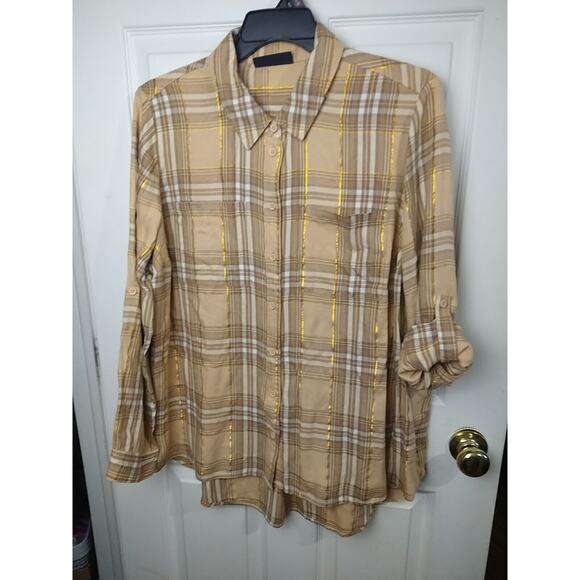 lane bryant woman plus size 18/20 Shirt Collared Button Brown Plaid Roll Tab... - Picture 1 of 9